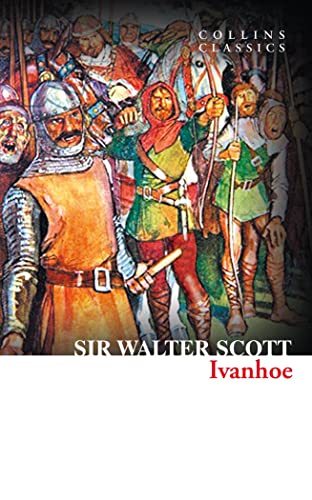 Book cover of "Ivanhoe" depicting medieval knights and a warrior with a bow.