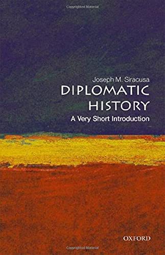 Book cover for Diplomatic History: A Very Short Introduction with abstract landscape background.
