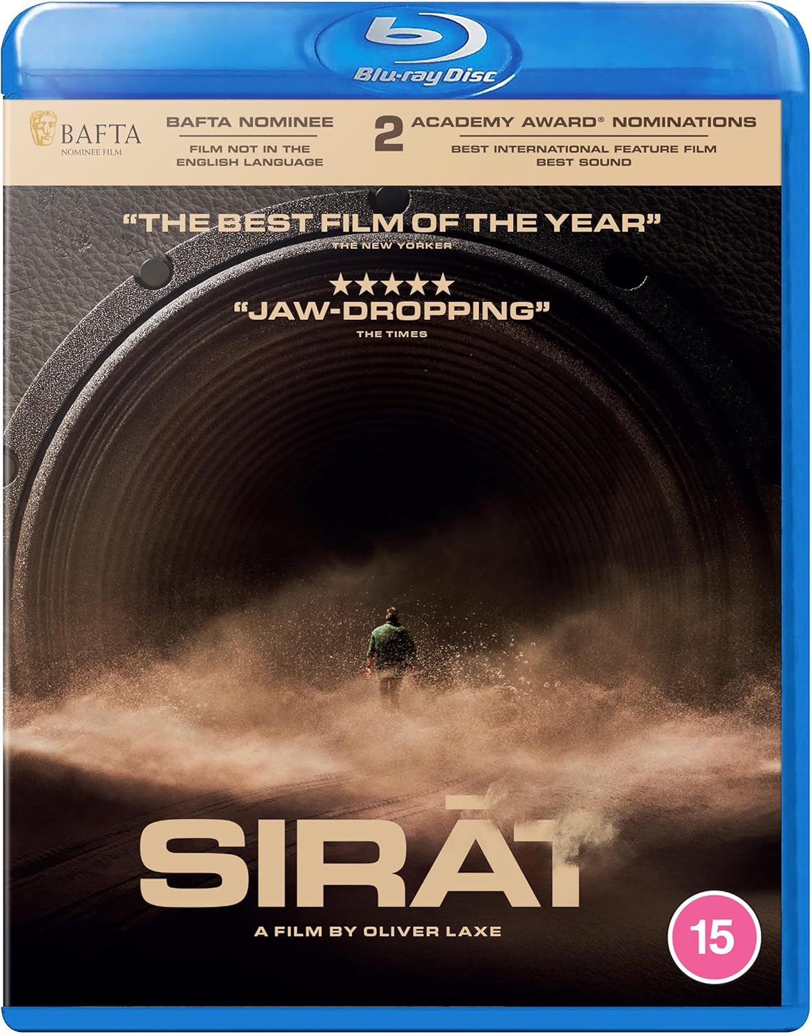 Blu-ray cover for “Sirât” film, showing a lone figure in a desert landscape.