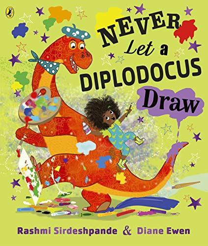A child rides a large orange dinosaur holding a paintbrush and paint palette.