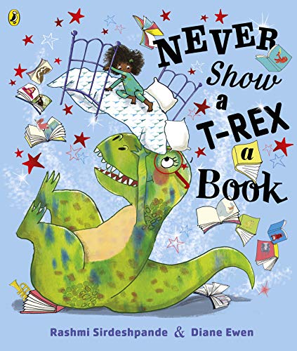 A green T-Rex wearing glasses sits under a bed while books fly around it.