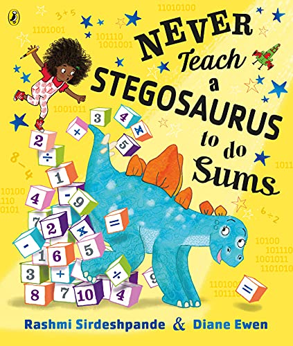 Girl and blue stegosaurus surrounded by colorful numbered blocks and equations.