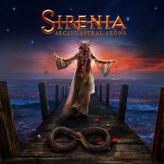 A woman in a gown stands on a pier before an infinity-shaped snake at sunset.