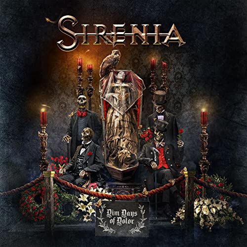 Album cover featuring skeletons in formal wear surrounding a woman in a coffin.