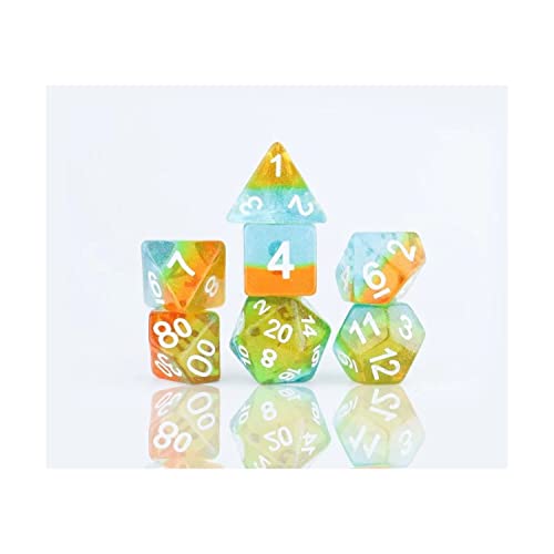 Colorful polyhedral dice set with ocean-inspired swirling patterns.