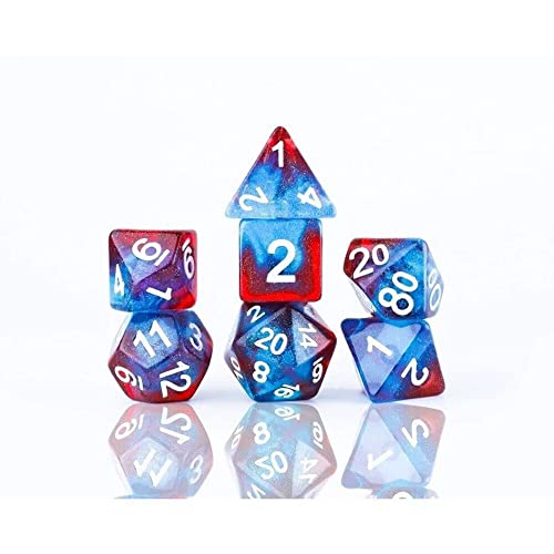 Seven polyhedral dice with swirling red, blue, and white patterns.
