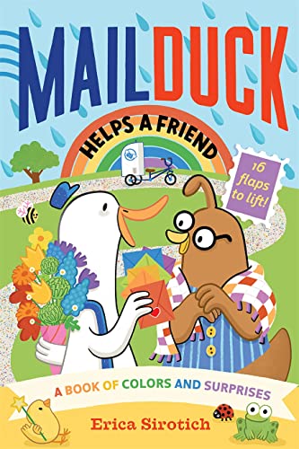 Duck and bear characters with a red envelope, colorful flowers, and lift-the-flaps.