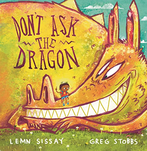 A small child sits on the nose of a large, smiling, yellow-orange dragon.