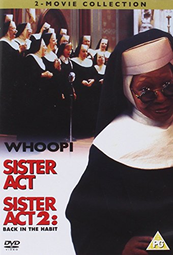 Whoopi Goldberg dressed as a nun with a choir of nuns in the background.
