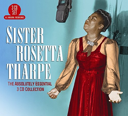 Sister Rosetta Tharpe singing into a microphone on a blue background, album cover art.