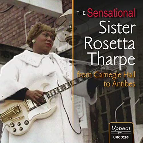 Sister Rosetta Tharpe playing a gold electric guitar, album cover.