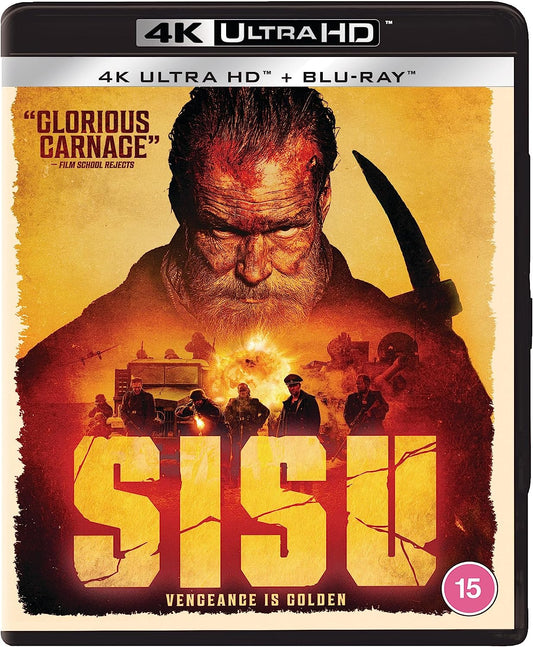 "4K Ultra HD case with 'Sisu' movie cover, featuring a bloody man and soldiers."