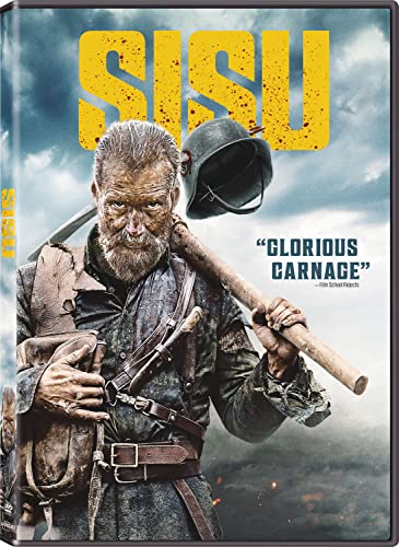DVD cover for "Sisu" featuring a bearded man with a pickaxe.