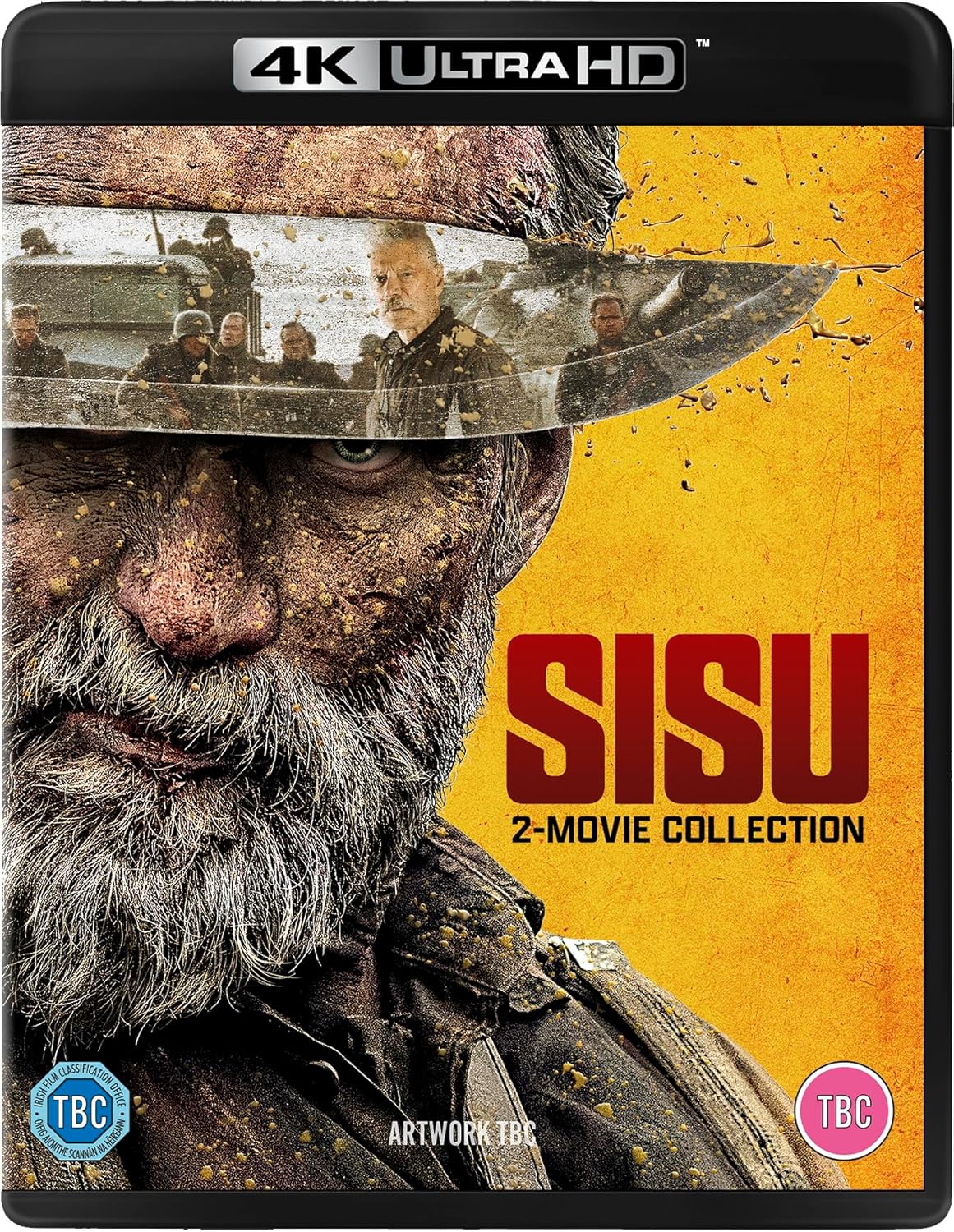Blu-ray cover for "SISU" featuring a weathered man and wartime imagery.