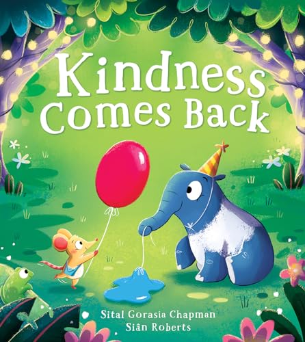 A mouse holds a red balloon near a blue elephant wearing a party hat.