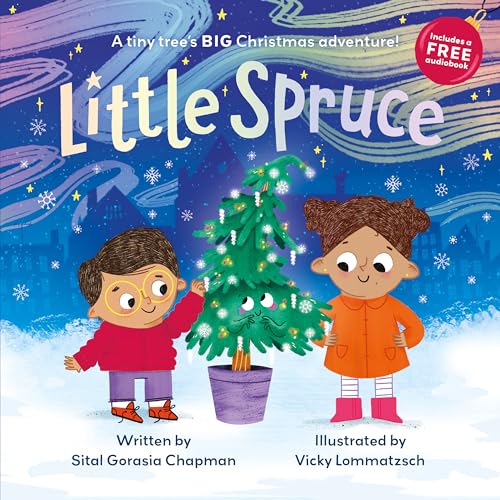 Book cover: "Little Spruce" shows a small decorated tree and two children.