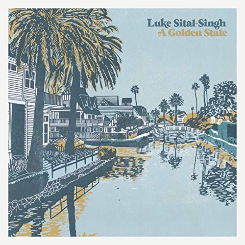 "Album cover art featuring a serene canal scene with houses and palm trees."