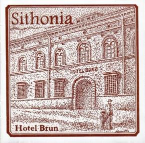 Red-toned sketch of a multi-story building labeled "Hotel Brun.