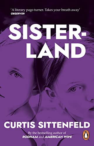 Book cover for “Sisterland” featuring two girls’ faces in purple tones.
