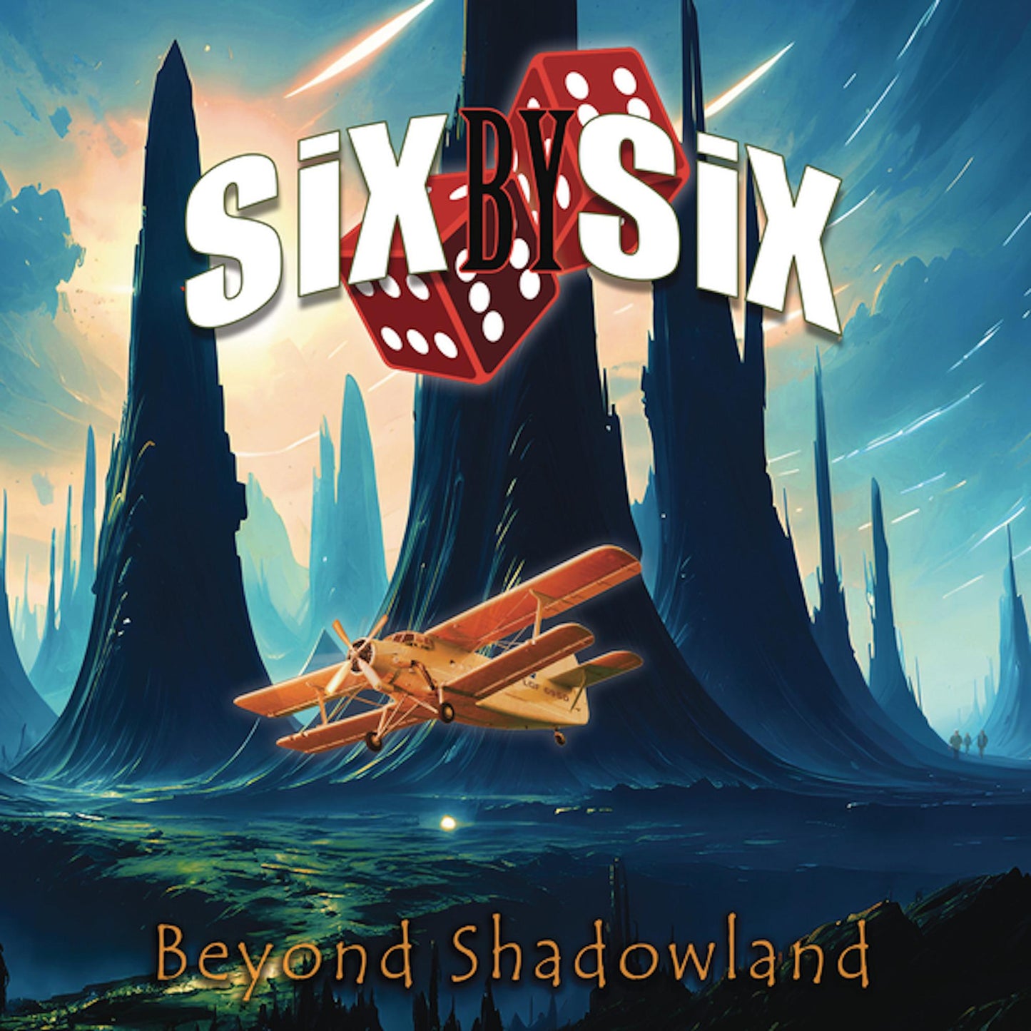 Album cover for "Beyond Shadowland" by Six By Six, featuring dice and a biplane.