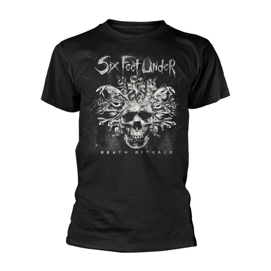 Black t-shirt with a skull and ornate floral design, band logo above.