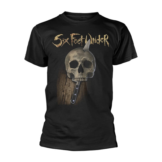 Black t-shirt with Six Feet Under band logo: skull and knife graphic.