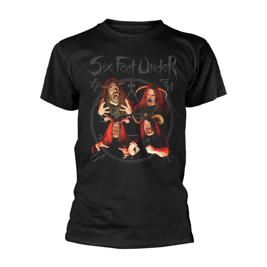 Black t-shirt with a graphic of the band Six Feet Under.