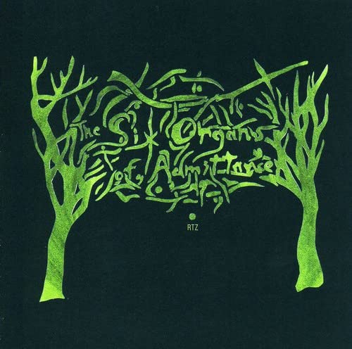 Green stylized text and tree silhouettes on a black background for Six Organs Admittance.