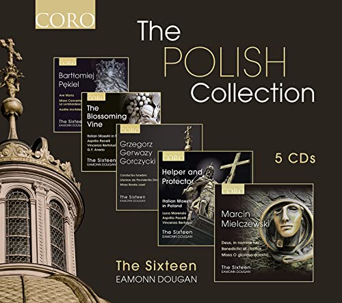 Five CDs of "The Polish Collection" by The Sixteen, with architectural background.