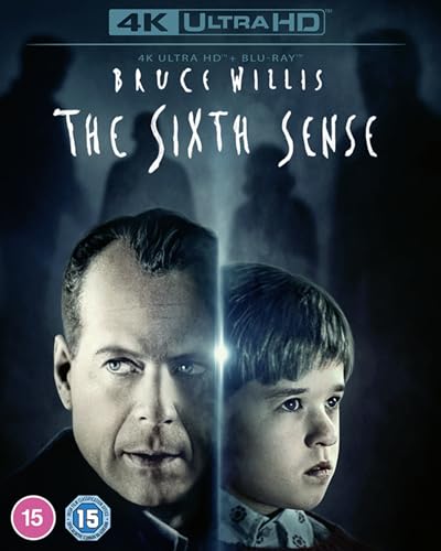 “The Sixth Sense” Blu-ray cover featuring Bruce Willis and a young boy.