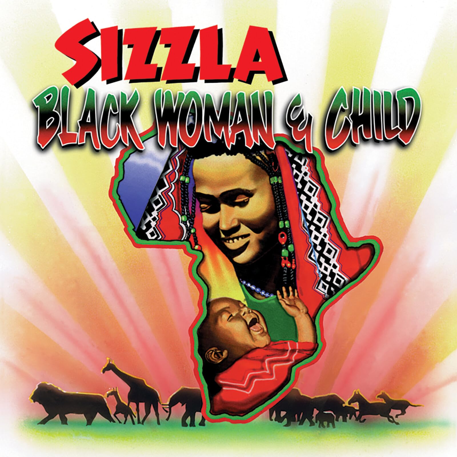 Album cover showing a mother and child inside an African continent silhouette with animals.