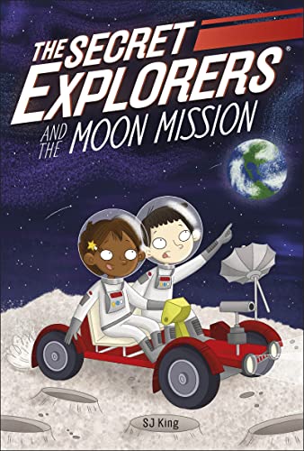 Two children in spacesuits drive a red lunar rover on the moon's surface.