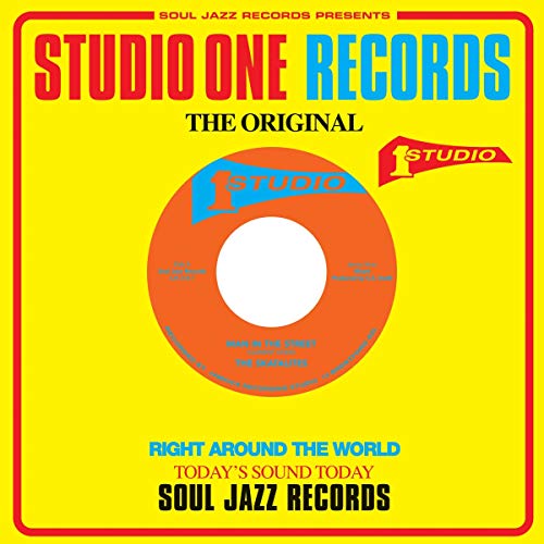 Yellow record sleeve with blue and red text, featuring a record label graphic.
