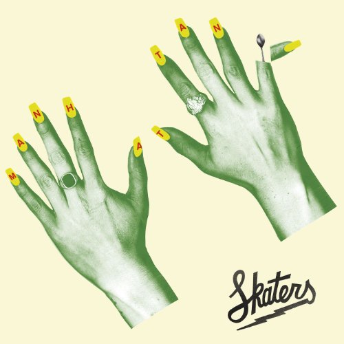 Two green hands with lettered nails and rings, album cover art.