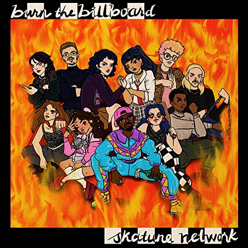 An illustrated group of diverse people posing in front of a bright orange fire.