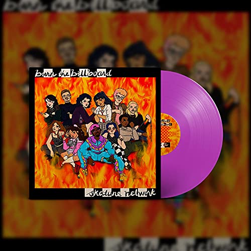 Purple vinyl record with cartoon cover art of diverse people amidst flames.