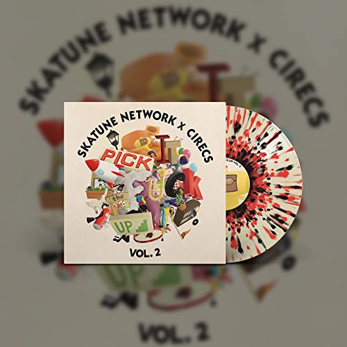 Skatune Network vinyl record with a white, red, and black splatter design.