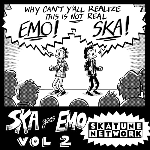 Black and white comic art of two people shouting on stage before a crowd.
