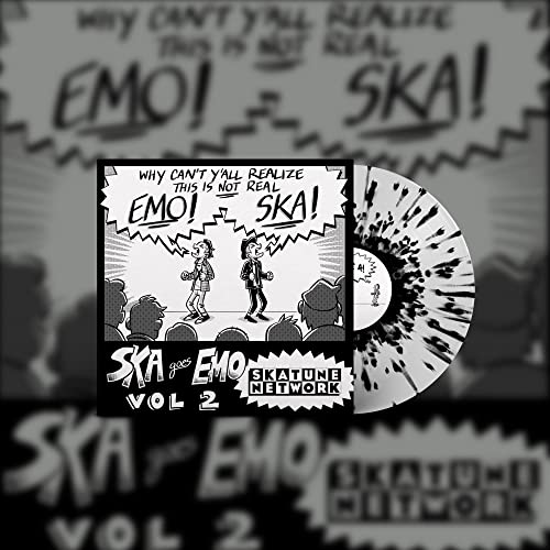 Black and white vinyl record with cartoon illustration and text: "Ska goes Emo!