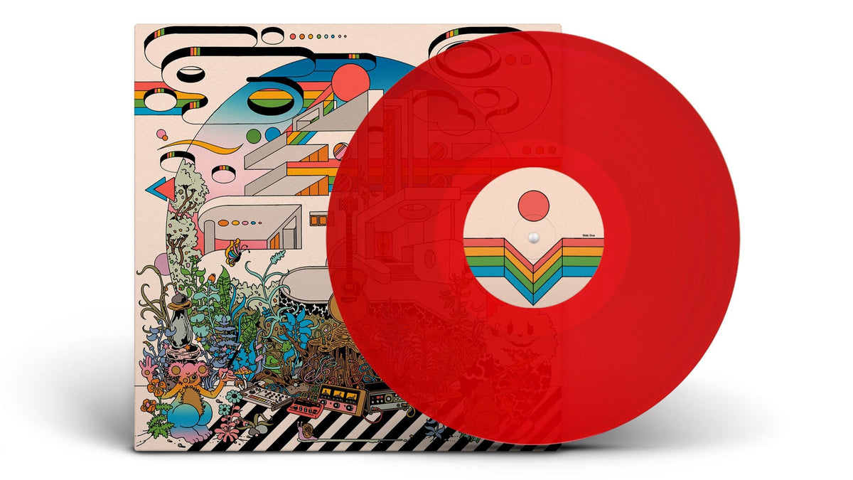 Vinyl record and album cover with abstract, colorful artwork.