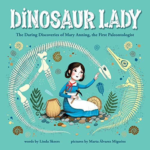 Book cover: illustrated girl with dinosaur skeleton and fossils.