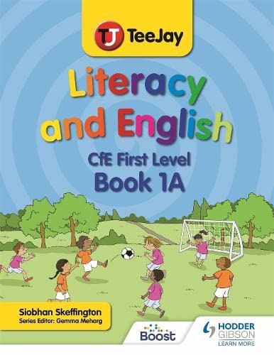 Book cover: "TeeJay Literacy and English" with children playing football.