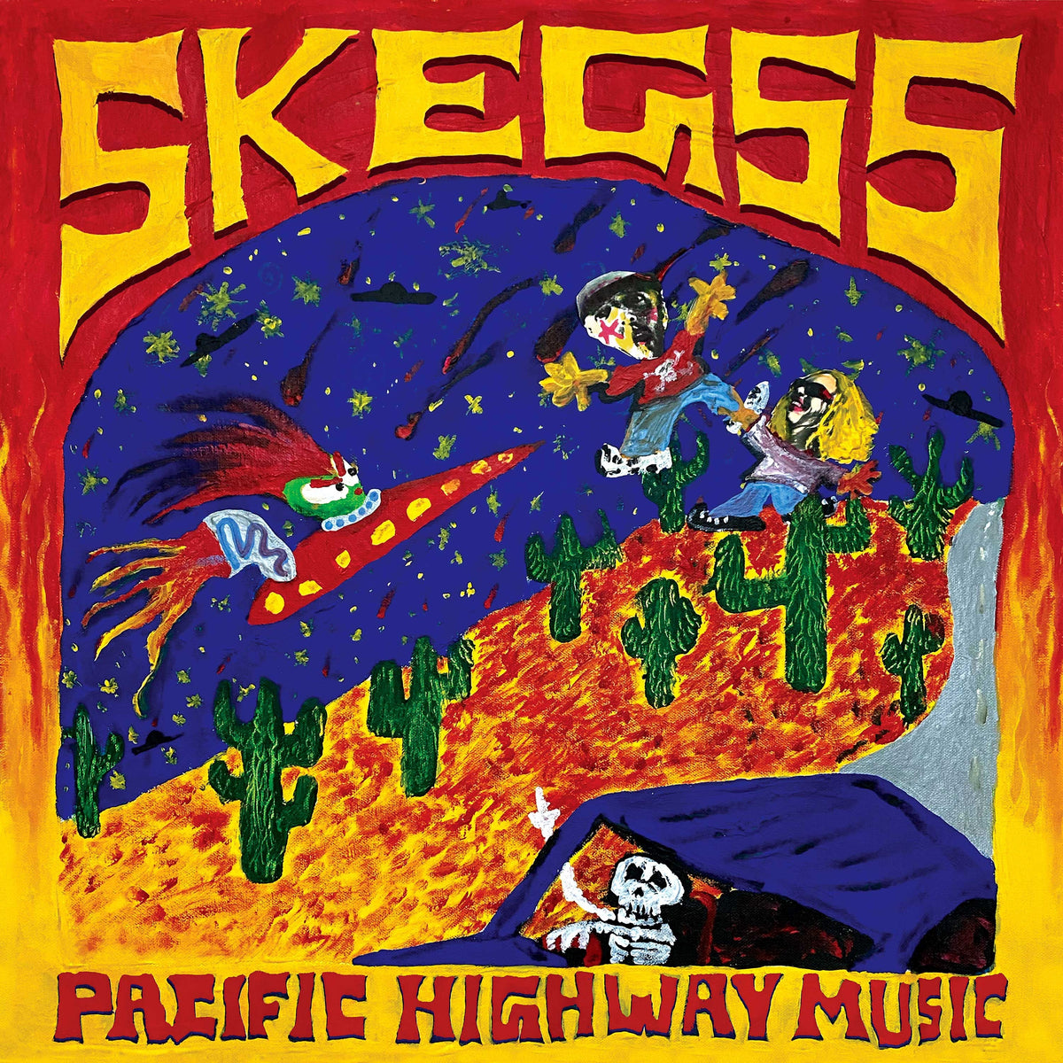 Painted CD cover for Skeggs’ “Pacific Highway Music” with desert imagery.