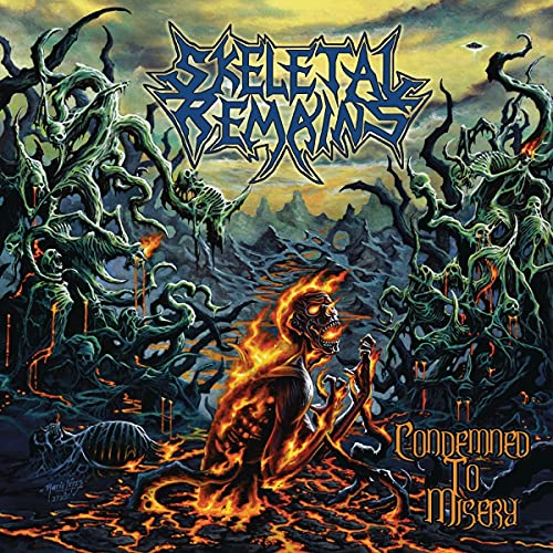 Album cover for Skeletal Remains’ “Condemned To Misery” featuring fiery skeletal figures.