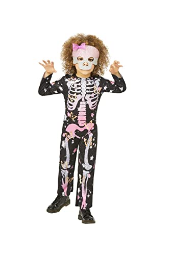Child wearing a black and pink skeleton costume with rose gold accents.