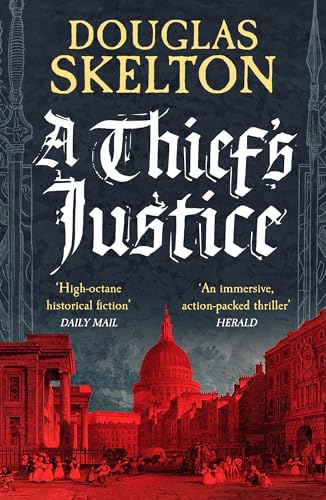 Book cover: “A Thief’s Justice” with a red-toned cityscape.