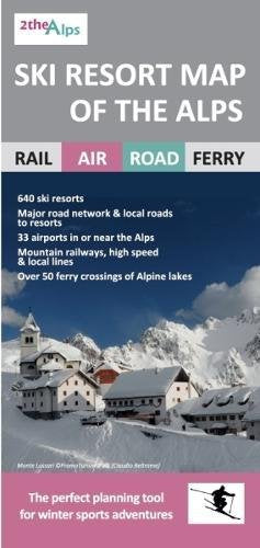 Ski resort map cover featuring snowy Alpine village and transport options.