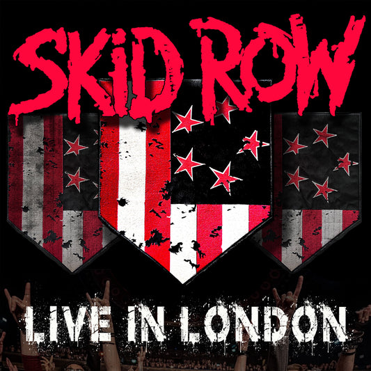 Skid Row Live in London album cover featuring three distressed shield emblems and concert crowd.