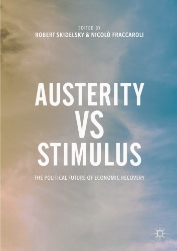 The image shows a book cover with a cloudy sky background. Alt text: Book cover with "Austerity vs Stimulus" title on cloudy sky background.