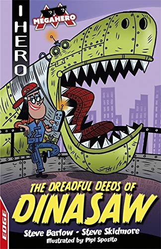 Book cover: boy repairs a large, mechanical dinosaur’s mouth.